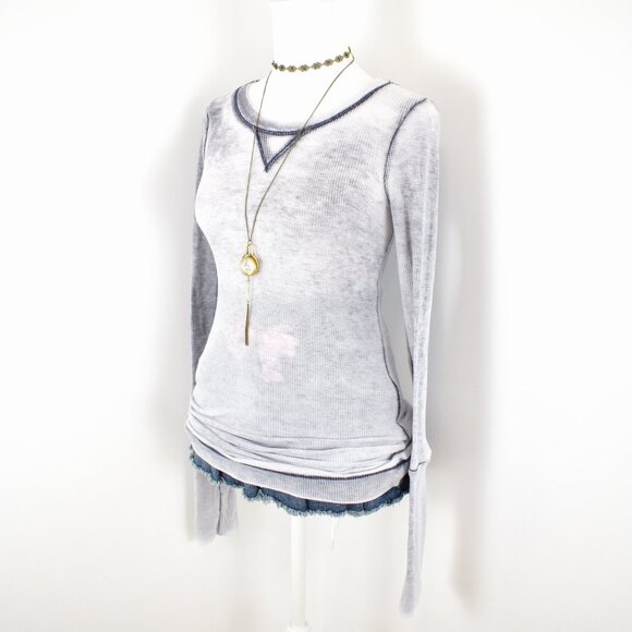 VTG 00s Y2K Splendid White Gray Acid Wash Waffle Thermal Knit Long Sleeve Top - Picture 2 of 9